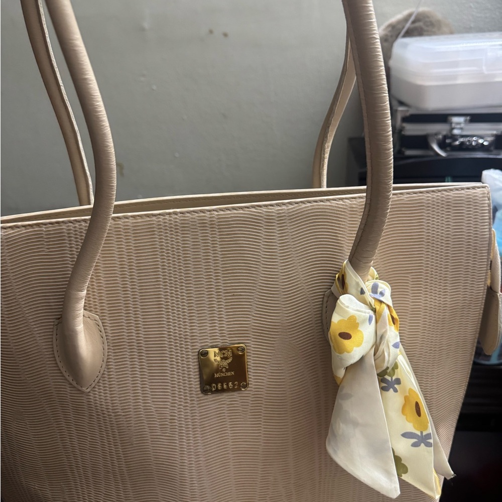 MCM Beige Tote with Floral Scarf